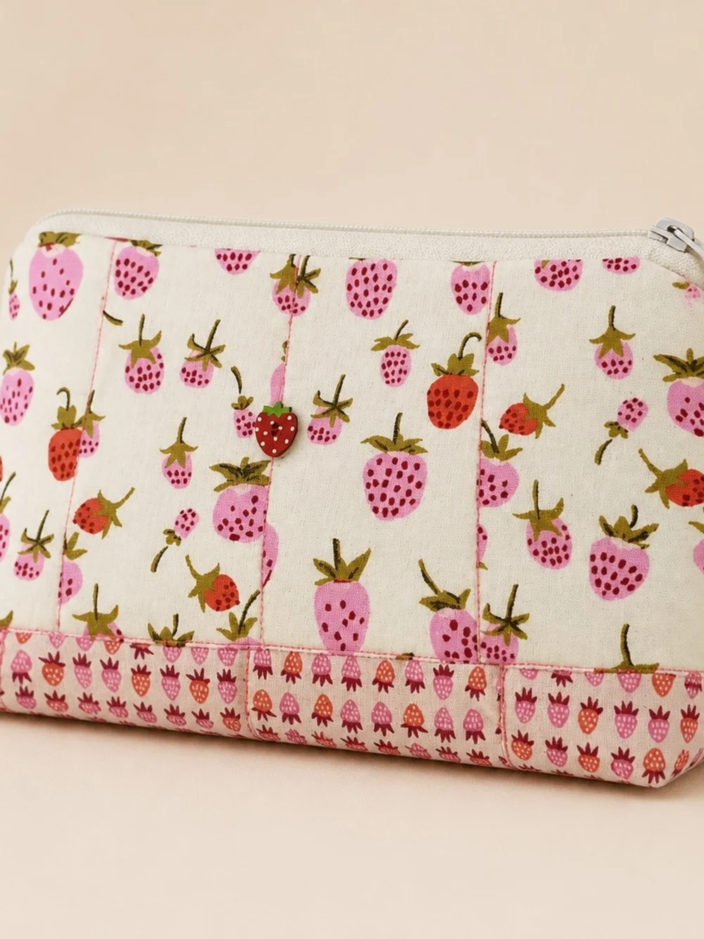 Handmade Strawberry Print Zippered Fabric Pouch
